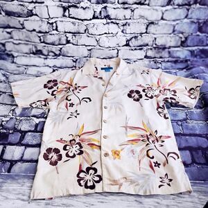 Paradise Blue tan floral Hawaiian 100% silk shirt